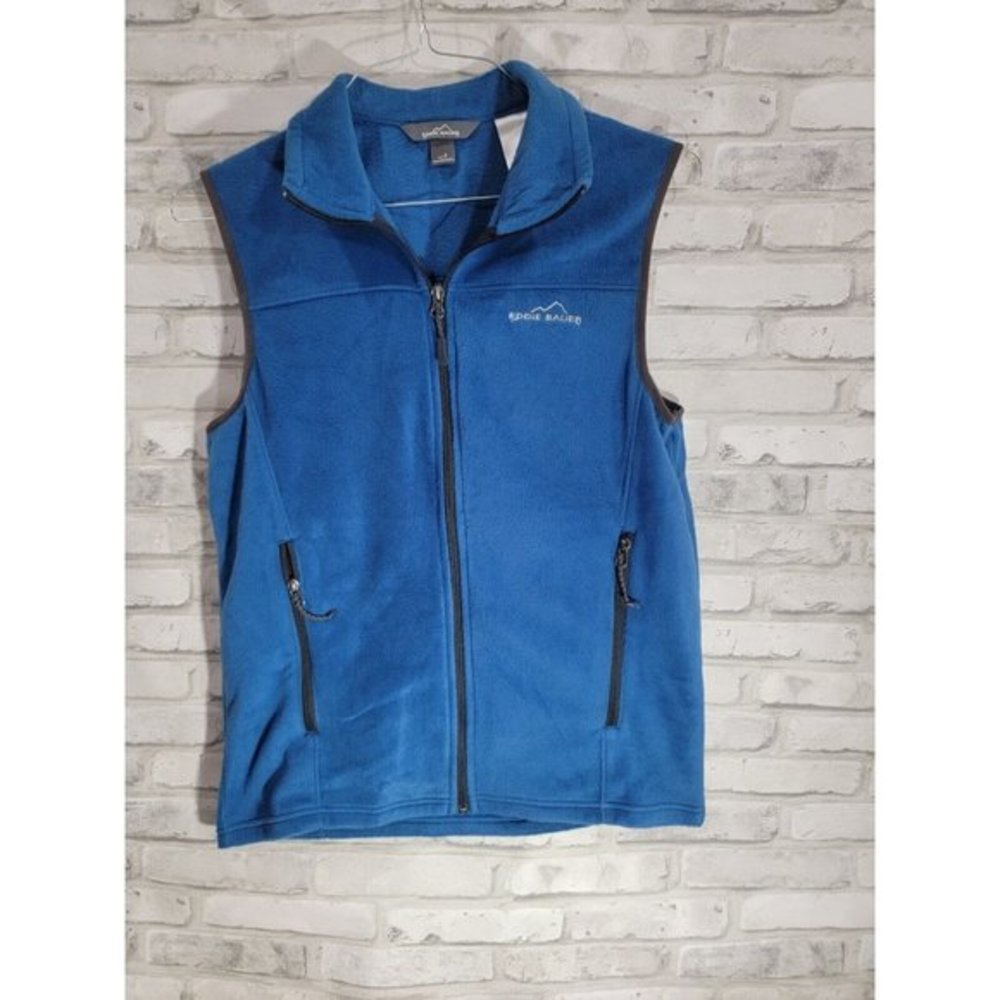Eddie Bauer Mens Blue Black Hem Full Zip Fleece Vest Zipper Pocket‎ Mens Size S